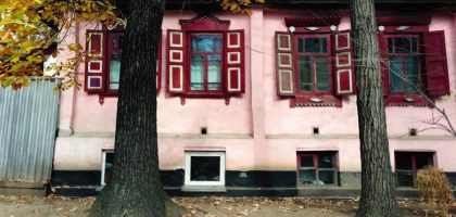 a pink house with red shutters and trees in front of it